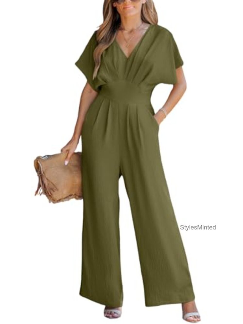 Women's V-Neck Wide Leg Jumpsuit Batwing Sleeve One Piece